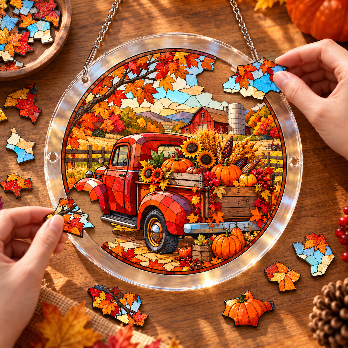Tanksgiving Acrylic Jigsaw Puzzle Suncatcher - Autumn Farm Truck