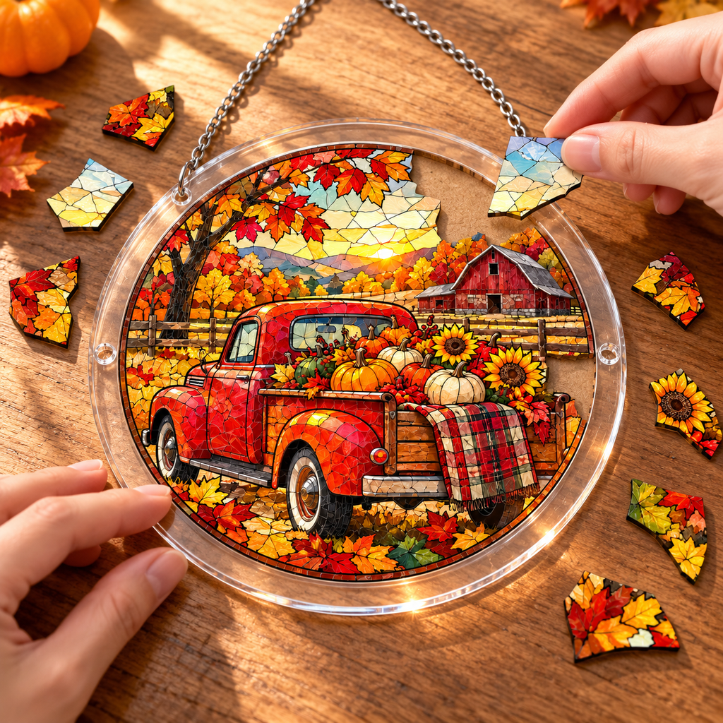 Tanksgiving Acrylic Jigsaw Puzzle Suncatcher - Pumpkin Truck
