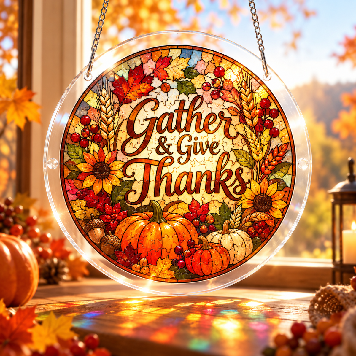 Tanksgiving Acrylic Jigsaw Puzzle Suncatcher - Gather & Give Thanks
