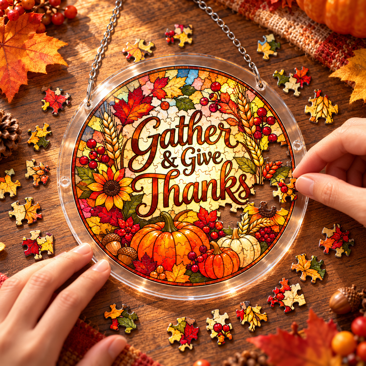 Tanksgiving Acrylic Jigsaw Puzzle Suncatcher - Gather & Give Thanks