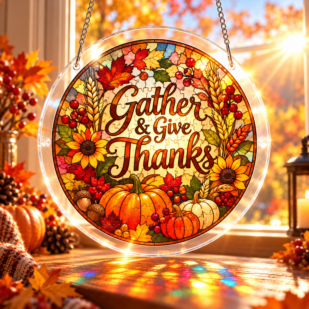 Tanksgiving Acrylic Jigsaw Puzzle Suncatcher - Gather & Give Thanks