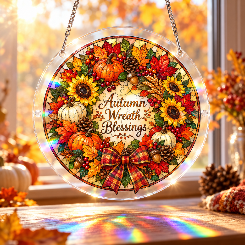 Tanksgiving Acrylic Jigsaw Puzzle Suncatcher - Wreath Blessings