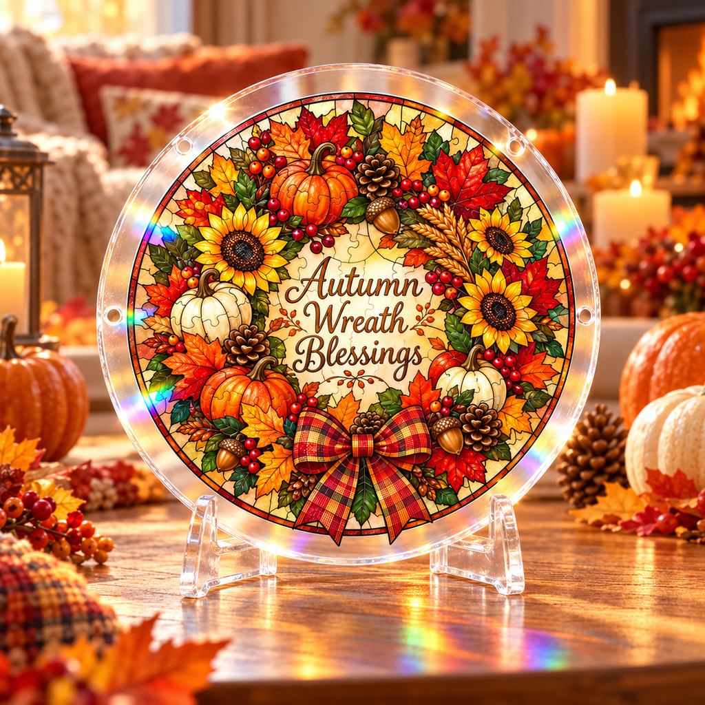 Tanksgiving Acrylic Jigsaw Puzzle Suncatcher - Wreath Blessings