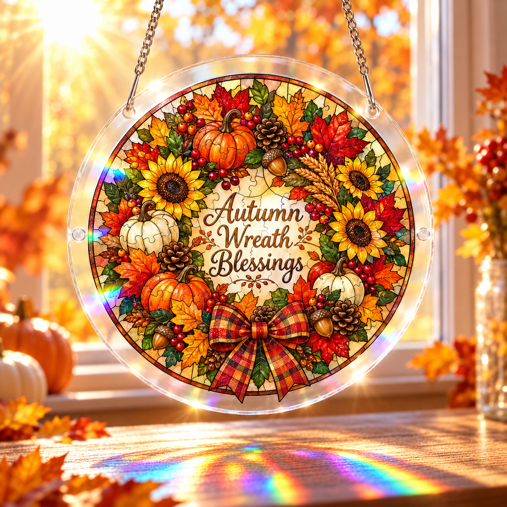 Tanksgiving Acrylic Jigsaw Puzzle Suncatcher - Wreath Blessings