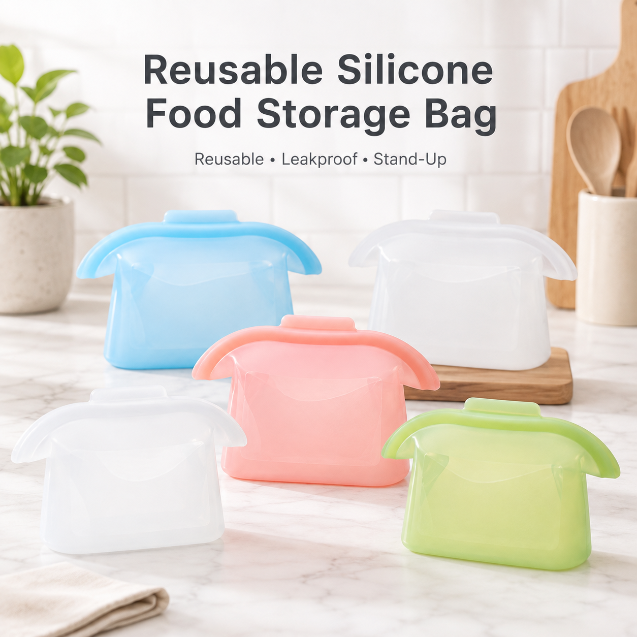 Reusable Silicone Food Storage Bags, 4 Cup Stand Up Leakproof for Freezer Microwave, Lunch Leftovers Meal Prep