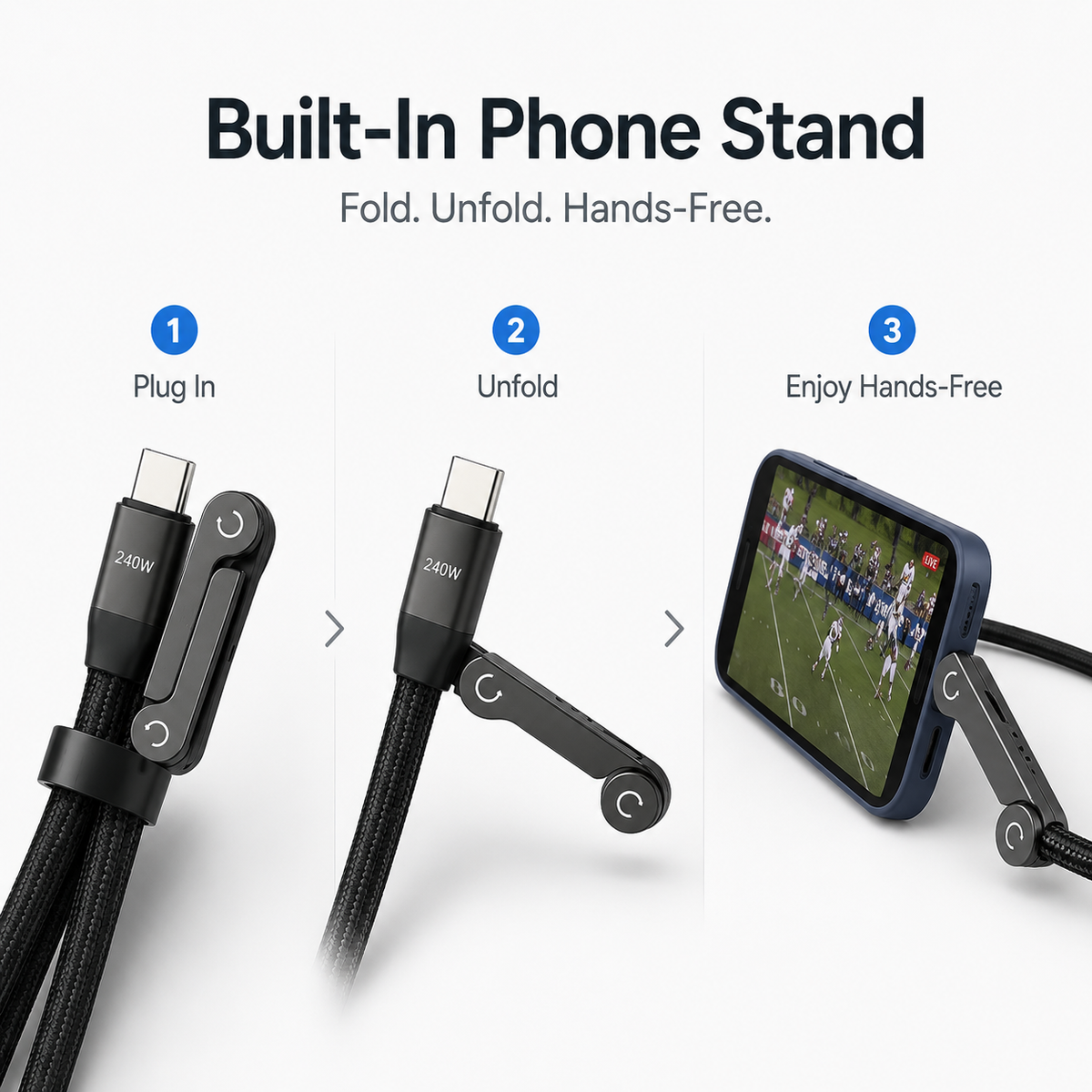 240W 2-in-1 Charging Cable with Built-In Phone Stand