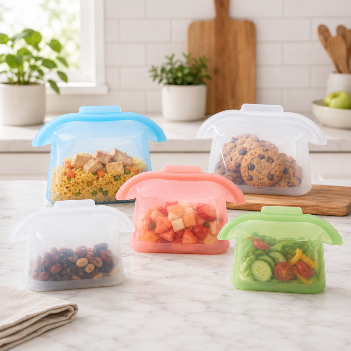 Reusable Silicone Food Storage Bags, 4 Cup Stand Up Leakproof for Freezer Microwave, Lunch Leftovers Meal Prep
