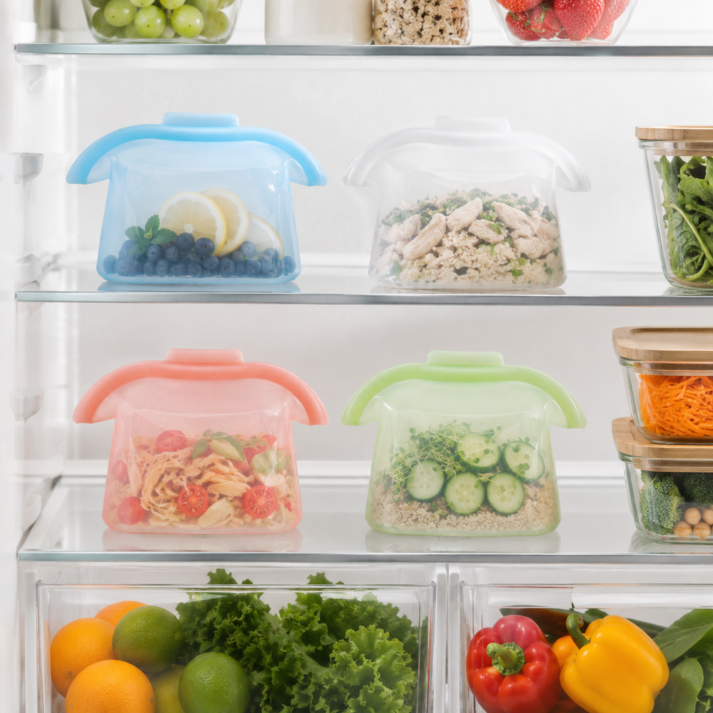 Reusable Silicone Food Storage Bags, 4 Cup Stand Up Leakproof for Freezer Microwave, Lunch Leftovers Meal Prep