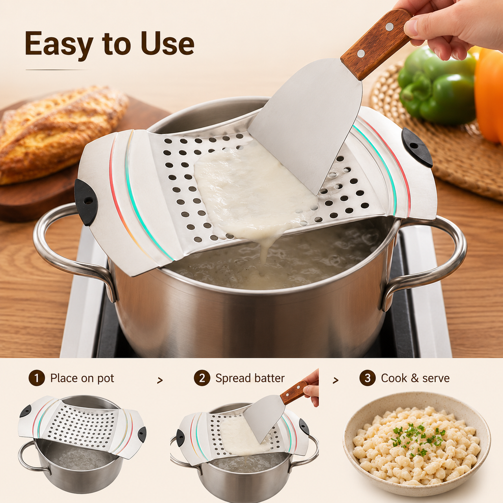 Stainless Steel Spaetzle Maker with Scraper – Adjustable Pot Noodle &amp; Dumpling Maker