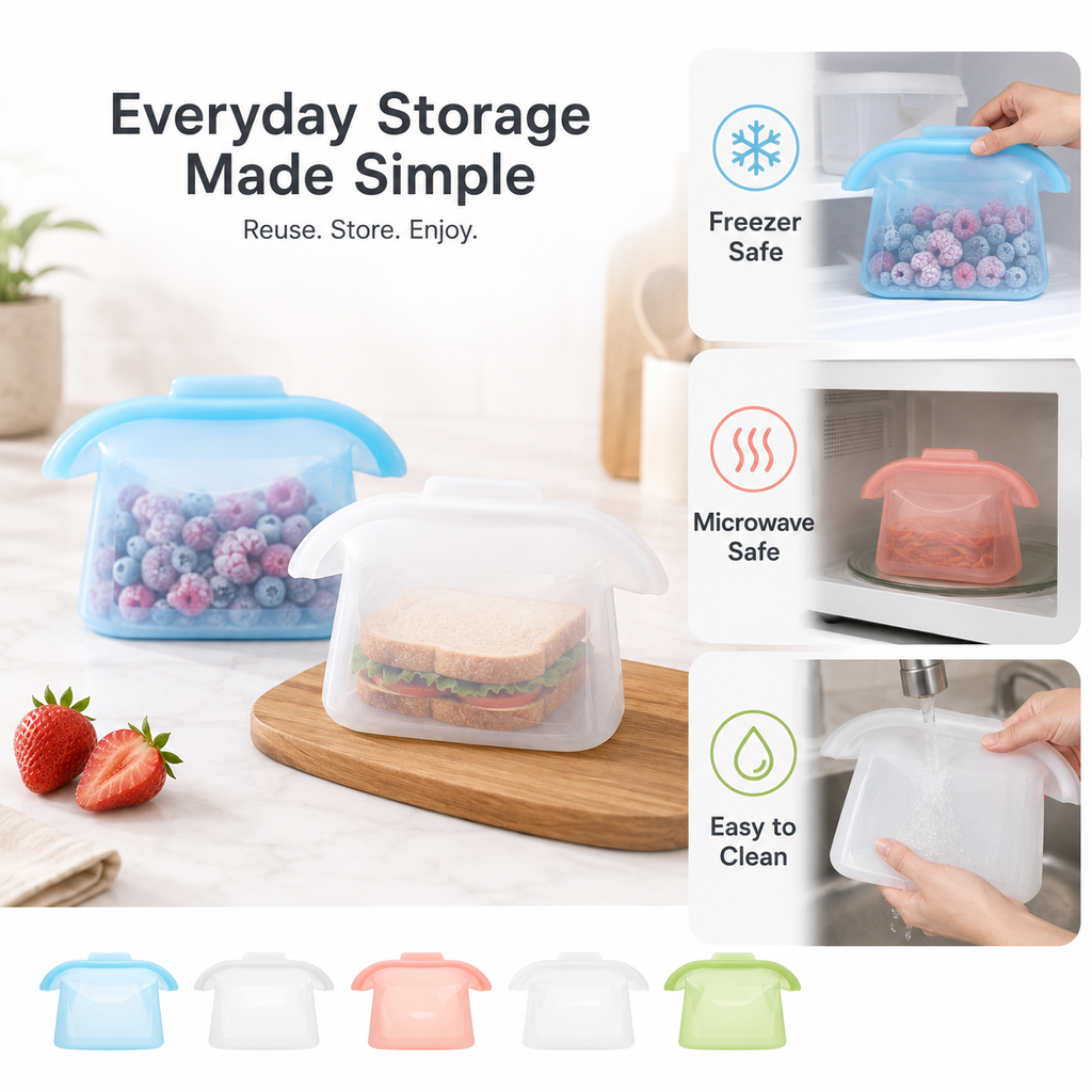 Reusable Silicone Food Storage Bags, 4 Cup Stand Up Leakproof for Freezer Microwave, Lunch Leftovers Meal Prep