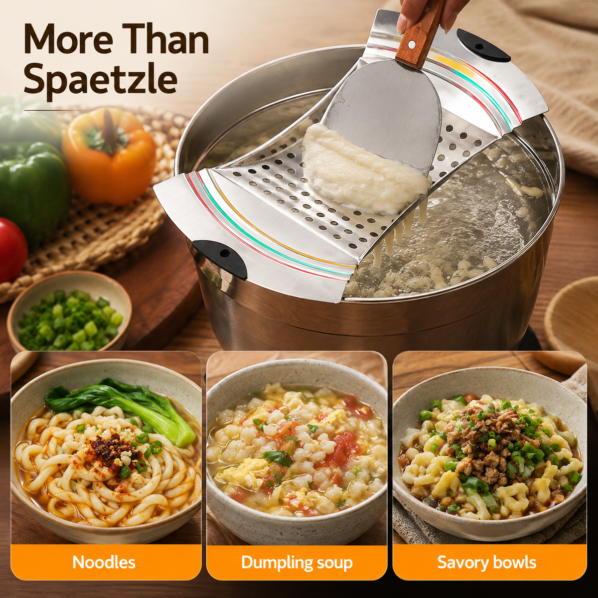 Stainless Steel Spaetzle Maker with Scraper – Adjustable Pot Noodle &amp; Dumpling Maker