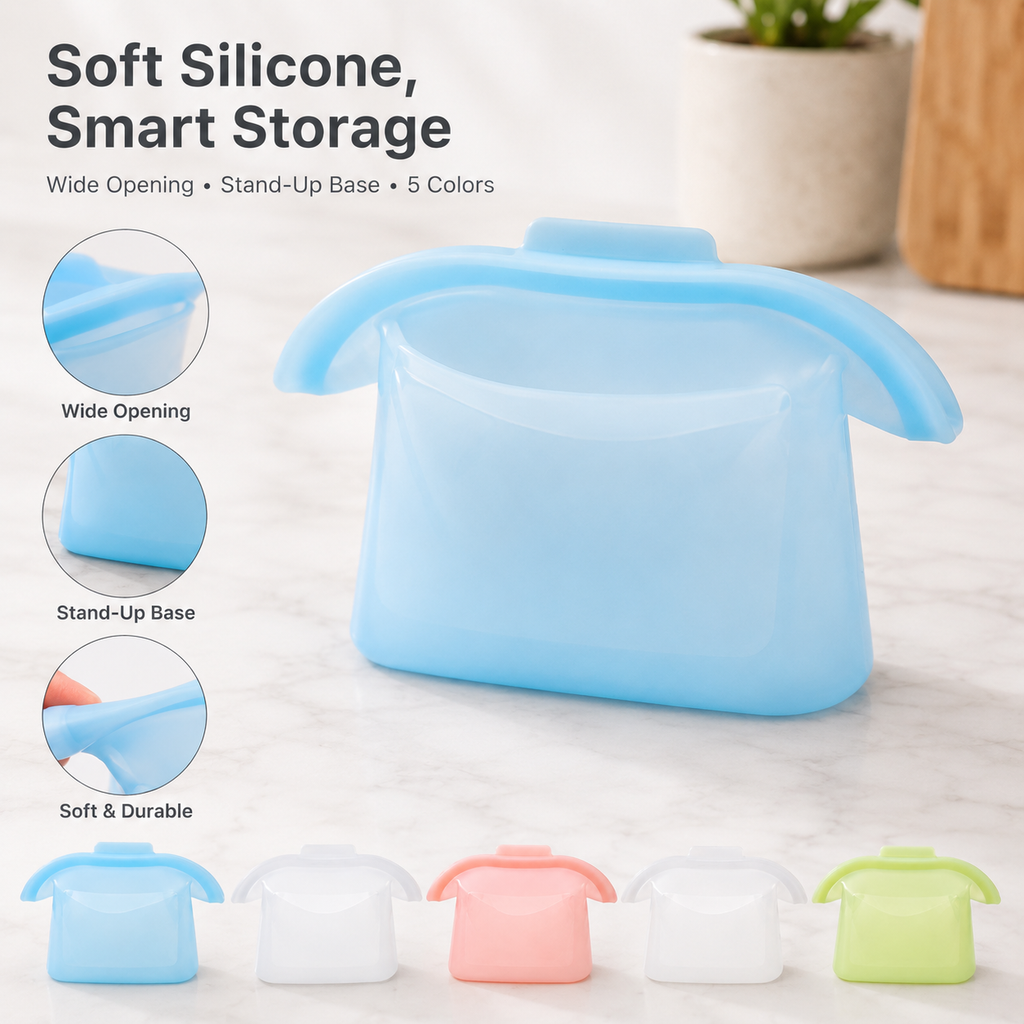 Reusable Silicone Food Storage Bags, 4 Cup Stand Up Leakproof for Freezer Microwave, Lunch Leftovers Meal Prep