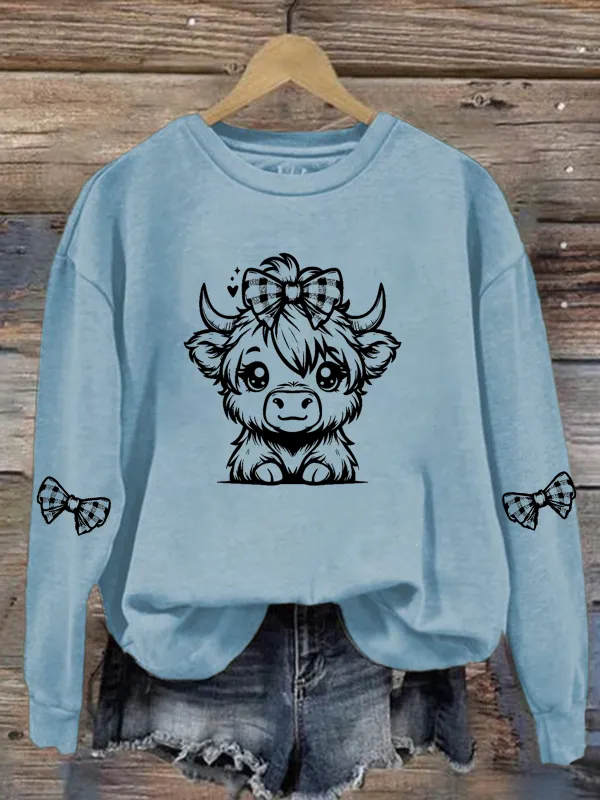 Women's Highland Cow Butterfly Ribbon Casual Round Neck Hoodie