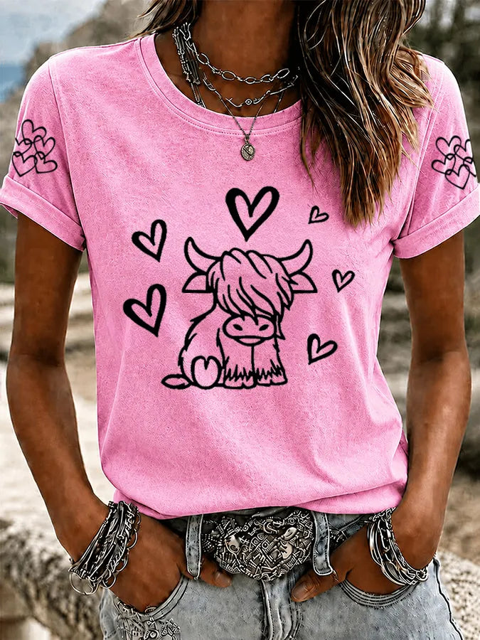 Women'S Western Grid Highland Cow Round Neck T-Shirt