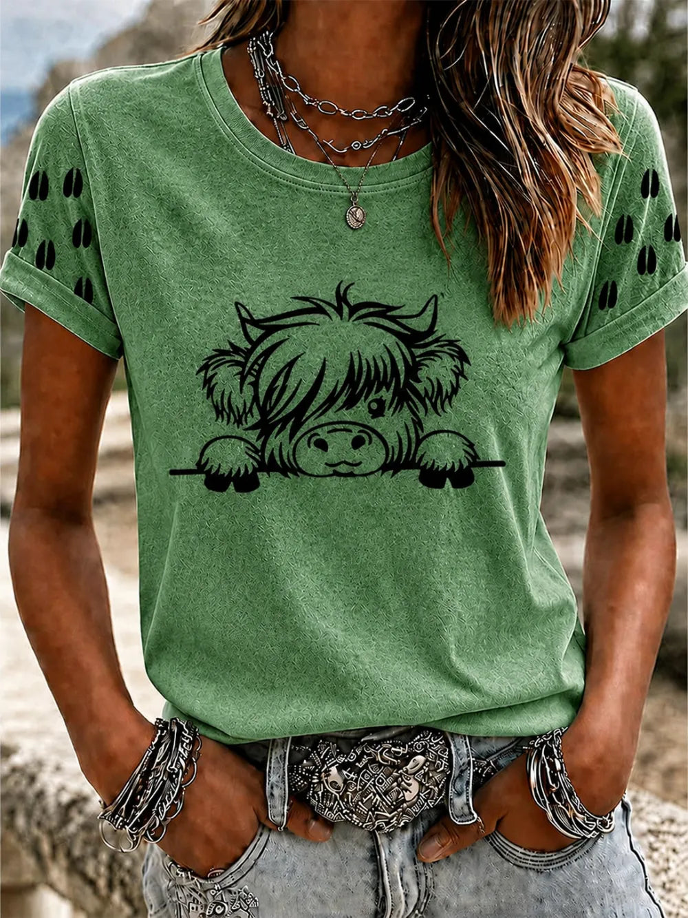 Women'S Western Grid Highland Cow Round Neck T-Shirt