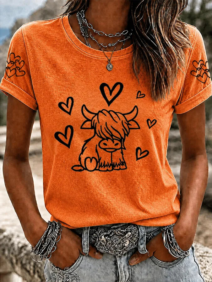 Women'S Western Grid Highland Cow Round Neck T-Shirt