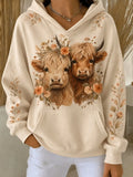 Women's Highland Cow Parent Child Flower Printed Casual Pocket Hoodie