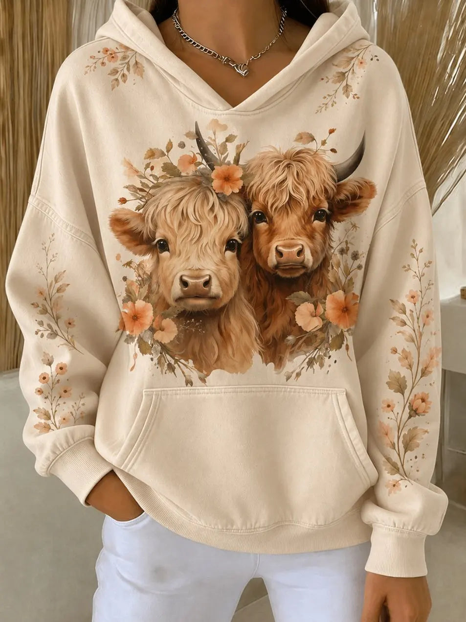 Women's Highland Cow Parent Child Flower Printed Casual Pocket Hoodie