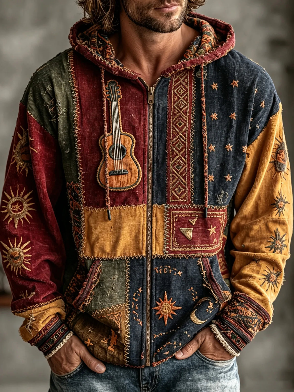 Men's Vintage Sun Moon Star Guitar Patchwork Art Cozy Warm Zipper Hoodie