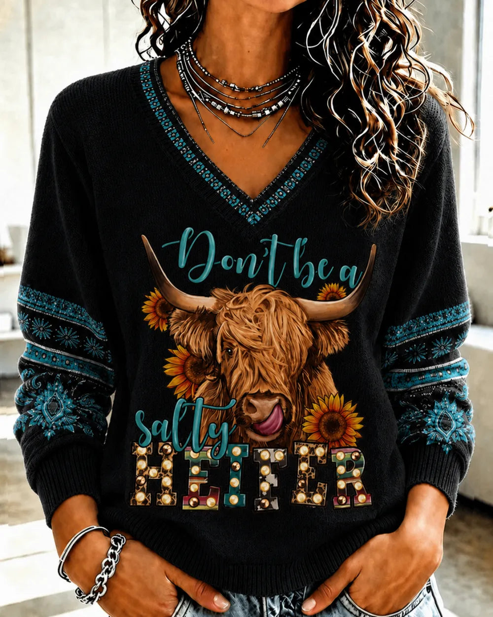 Women'S Highland Cow Retro Western Style Printed V-Neck Knitted Top