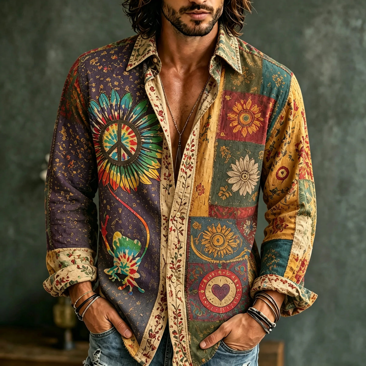 Men's Retro Bohemian Hippie Style Floral Patchwork Print Shirt