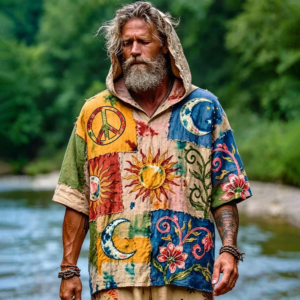 Men's Retro Hippie Art Sun Moon Pattern Casual Cotton Linen Hooded T-shirt