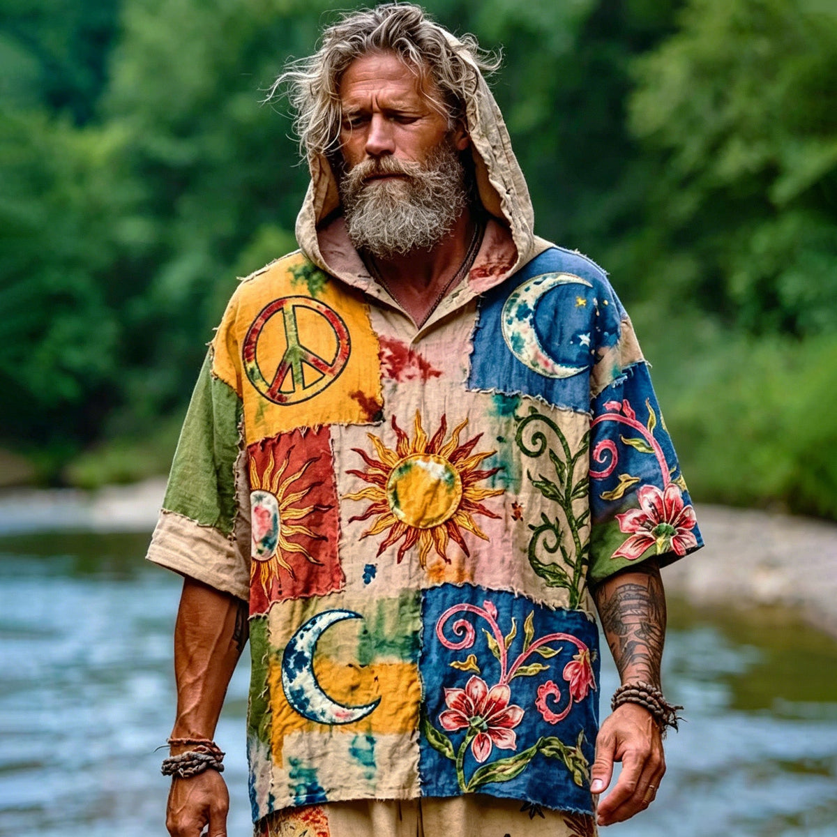 Men's Retro Hippie Art Sun Moon Pattern Casual Cotton Linen Hooded T-shirt