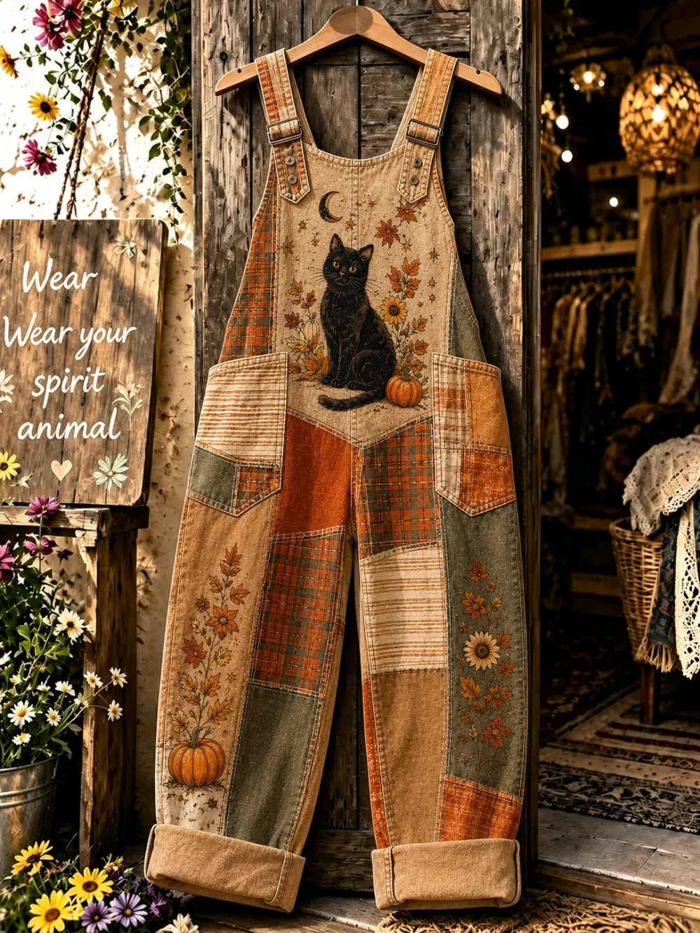 Women'S Retro Autumn Checkered Floral And Cat Print Workwear