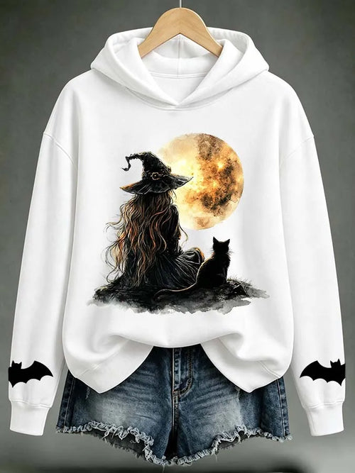 Ladies Halloween Witch Cat Printed Hoodie