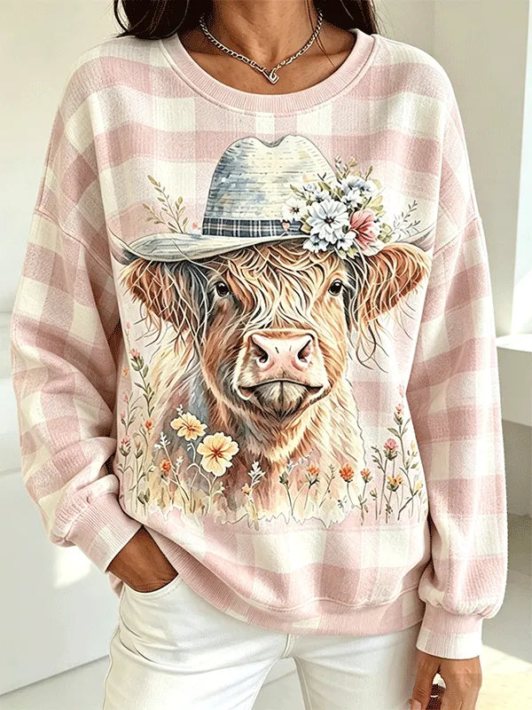 Women's Gingham Floral Cowboy Hat Highland Cow Print Sweatshirt