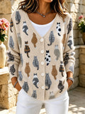 Women's Animals Cat Printed Fashion Long Sleeved Cardigan