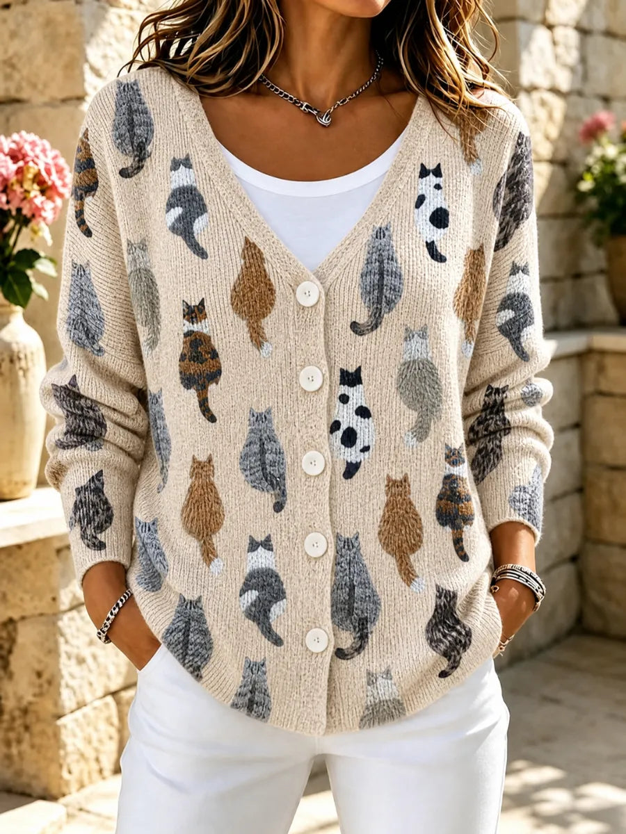 Women's Animals Cat Printed Fashion Long Sleeved Cardigan