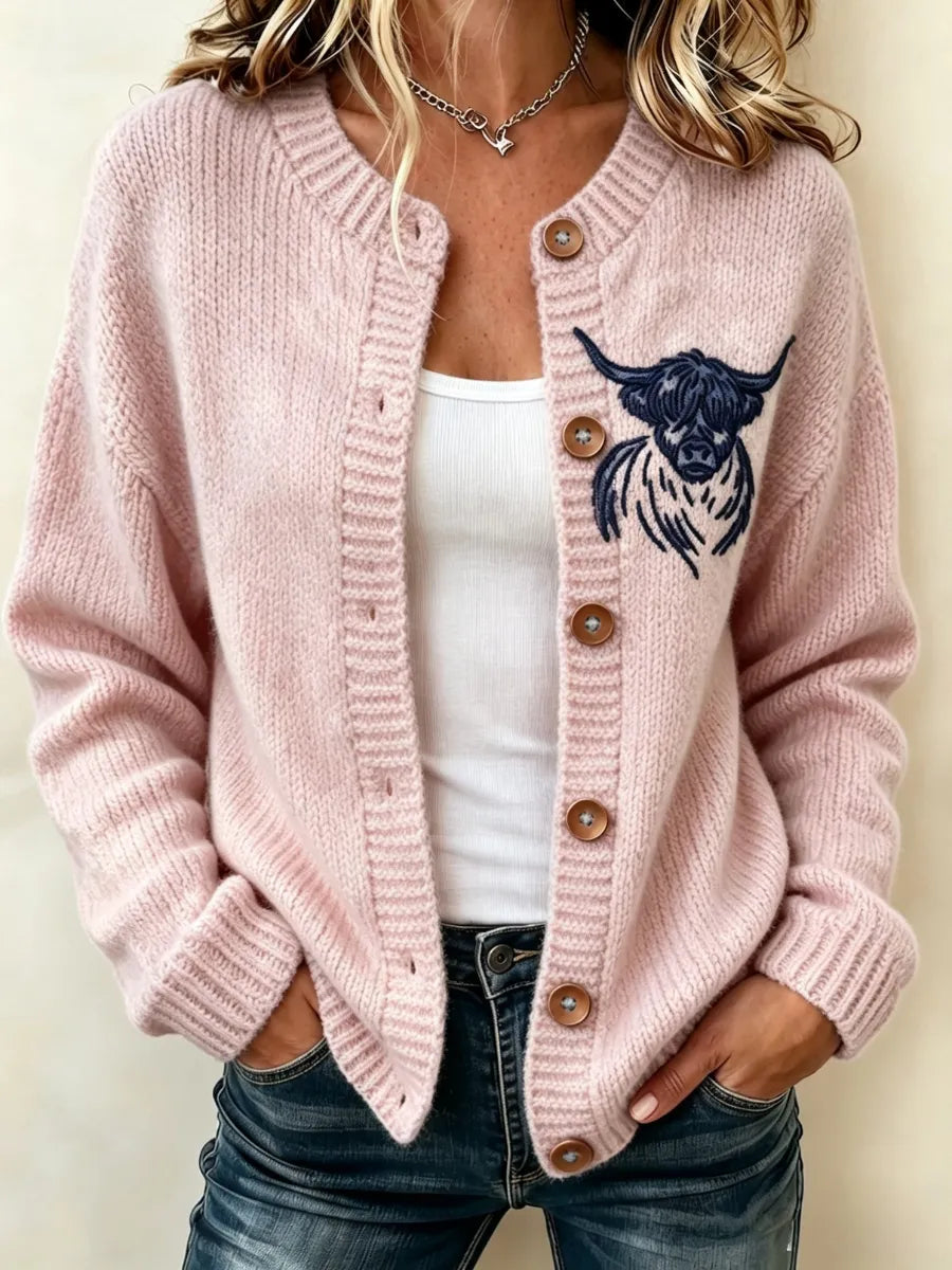 Women's Highland Cow Printed Knitted Cardigan
