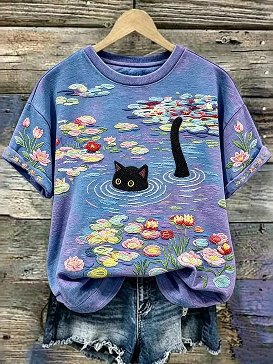 Ladies' Art Oil Painting Cat Printed Casual T-Shirt