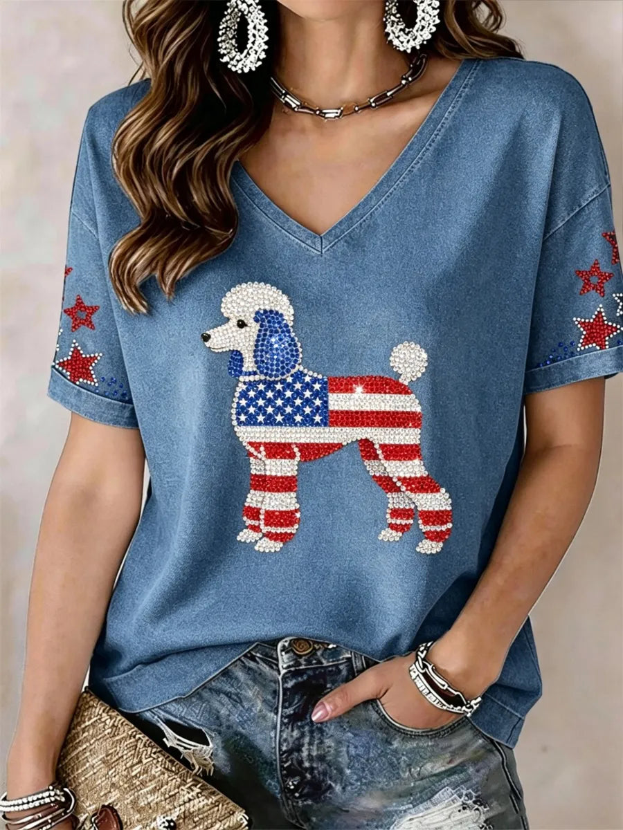 Women's Lovely Poodle Dog Rhinestone Pattern V-Neck T-Shirt