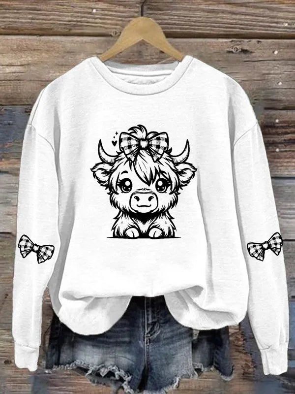 Women's Highland Cow Butterfly Ribbon Casual Round Neck Hoodie