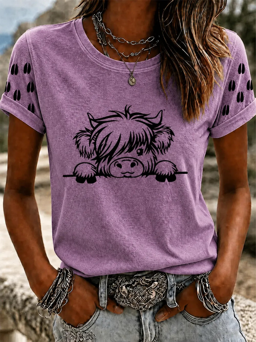 Women'S Western Grid Highland Cow Round Neck T-Shirt