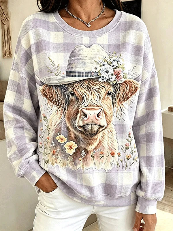 Women's Gingham Floral Cowboy Hat Highland Cow Print Sweatshirt