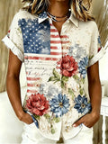 Women's Casual Patriot Cotton Linen Short-Sleeve Button-Up Shirt