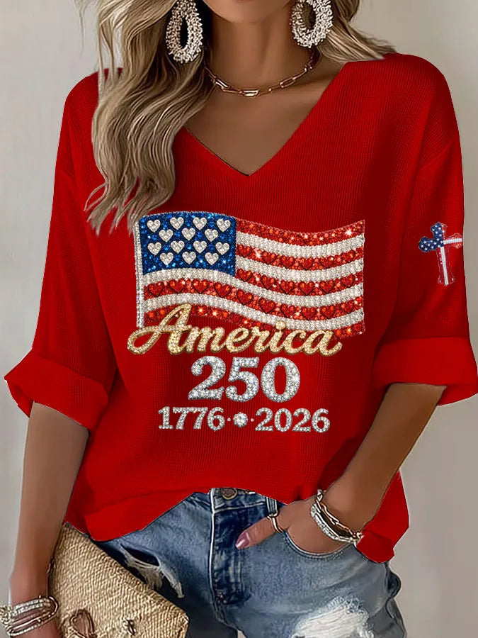 Women's American Flag Printed Casual Waffle Long Sleeve T-shirt