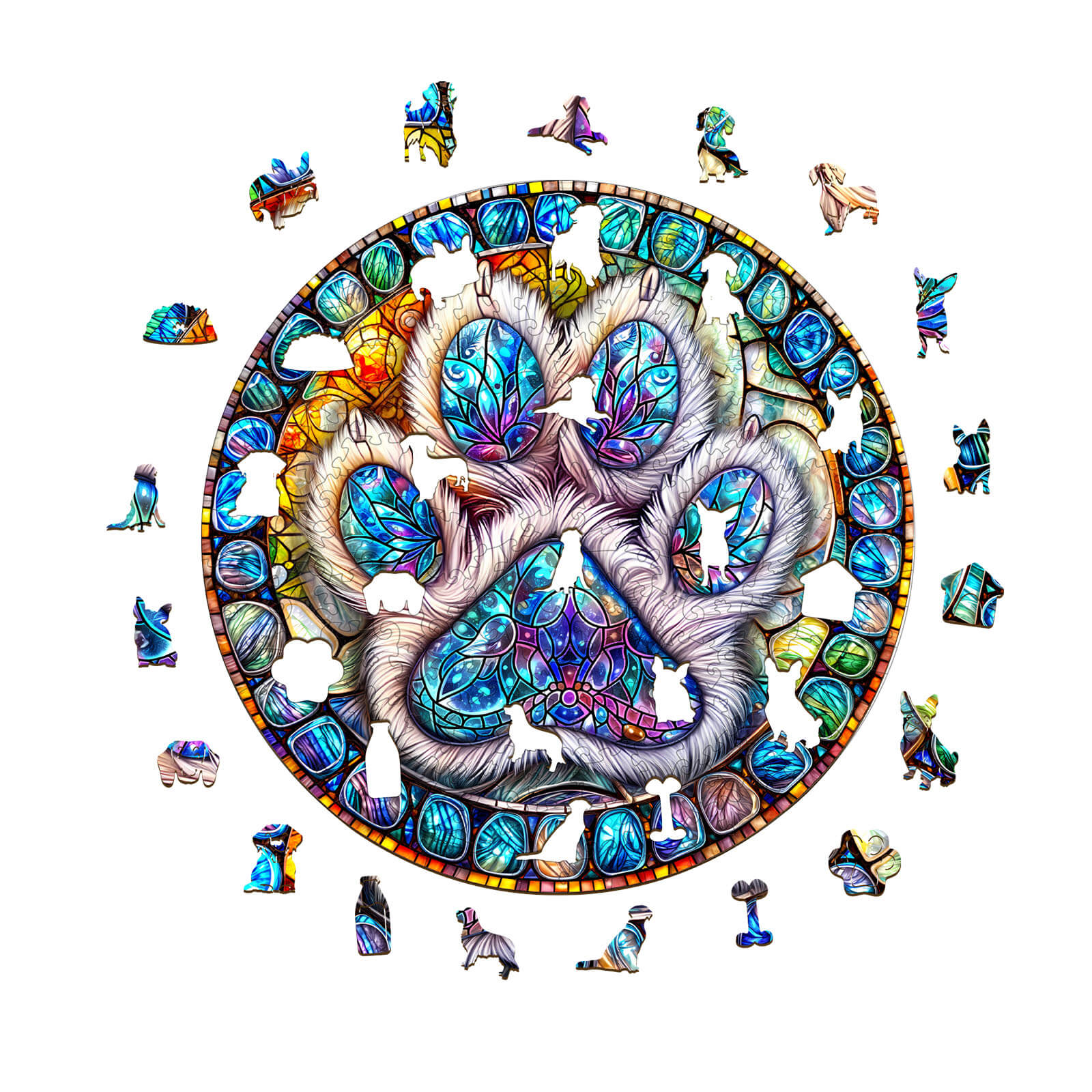 Stained glass paw prints Wooden Jigsaw Puzzle