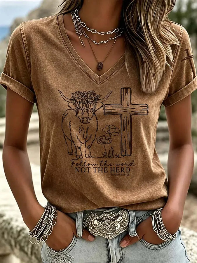Women's Western style highland cow cross print V-neck top