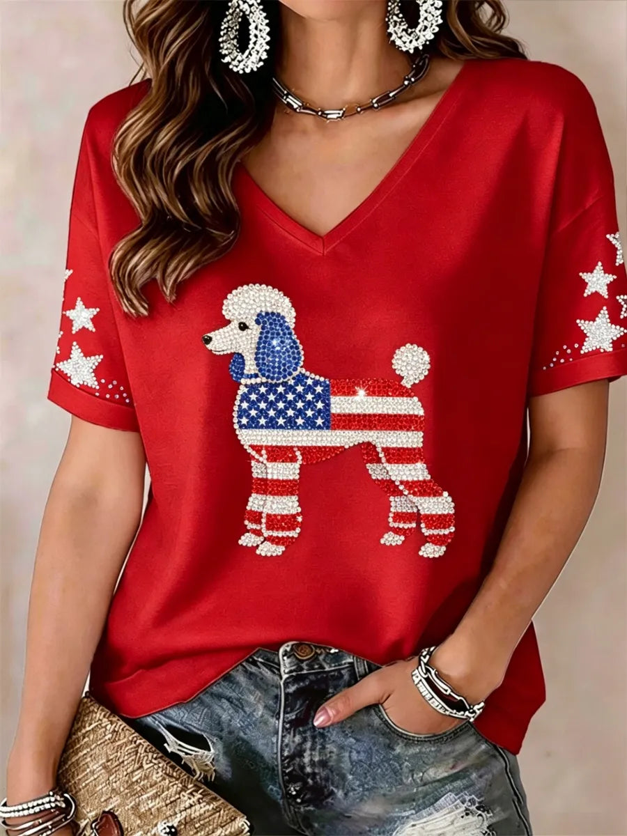Women's Lovely Poodle Dog Rhinestone Pattern V-Neck T-Shirt