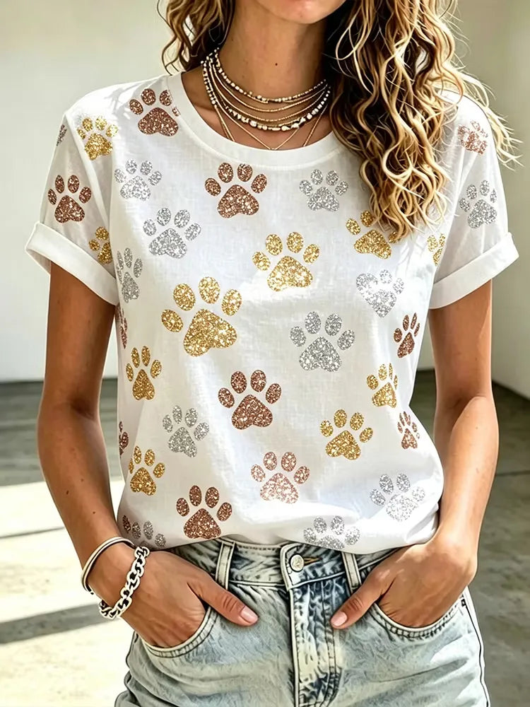 Cat Paw Sequin Print Casual Crew Neck T-Shirt