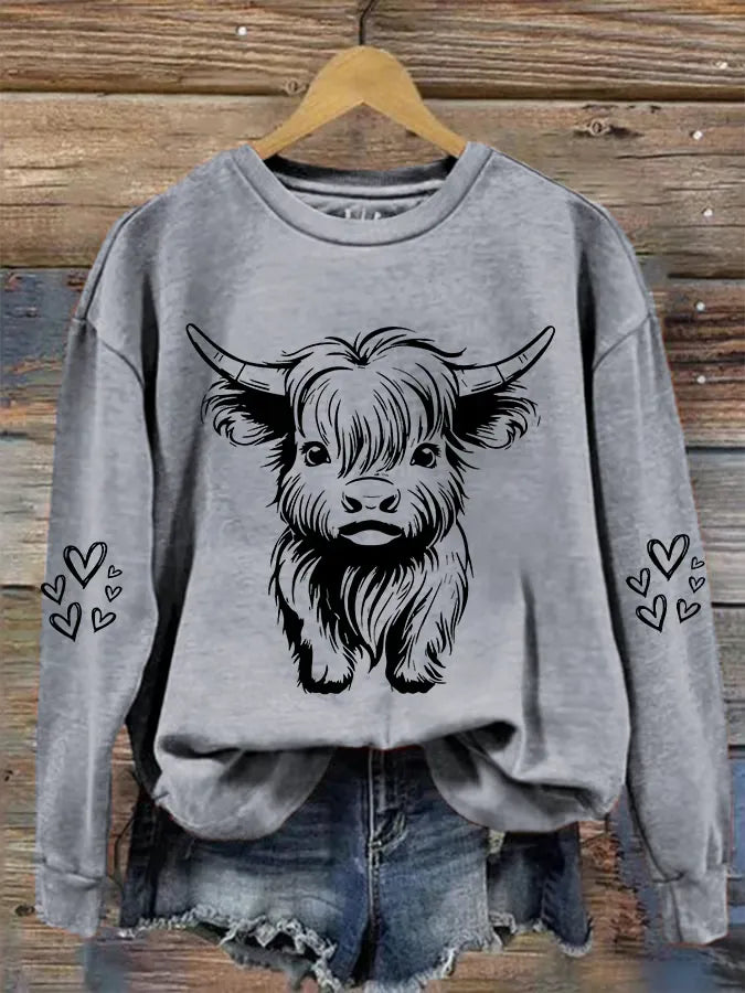 Women's Cute Highland Cow Casual Round Neck Hoodie