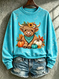 Women's Fall Highland Cow Pattern Long Sleeved Hoodie