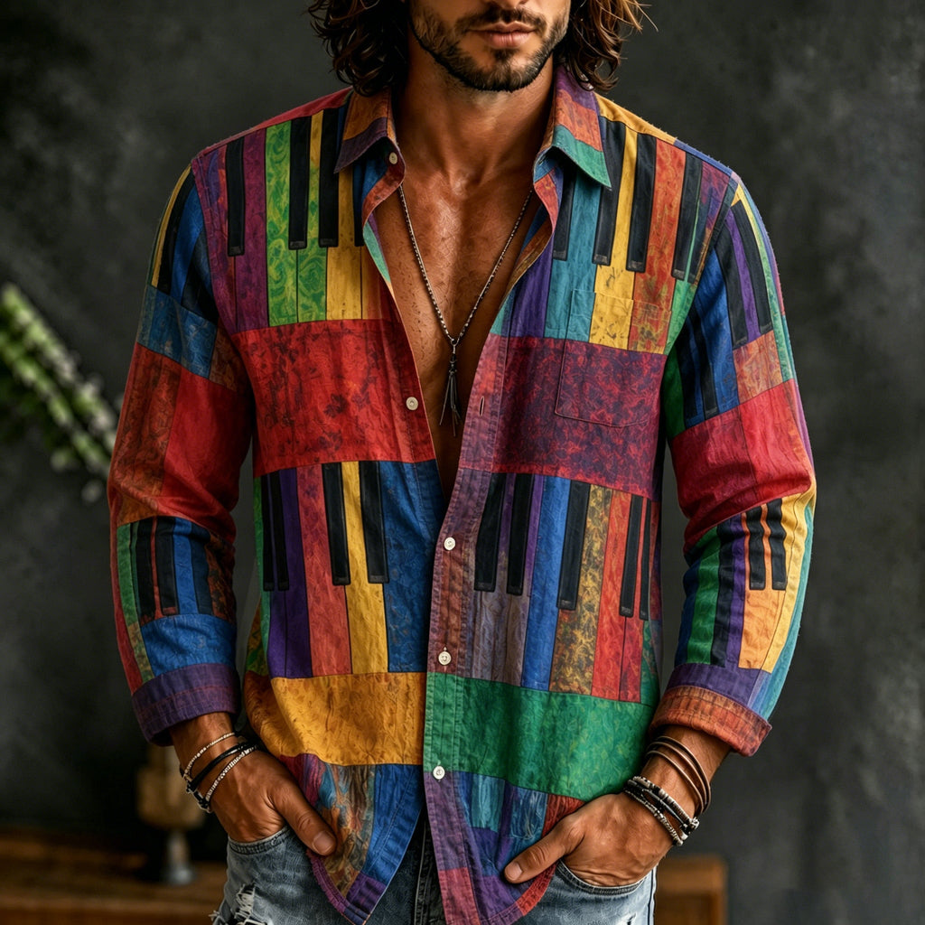 Men's Colorful Artistic Piano Key Pattern Patchwork Print Casual Long Sleeve Linen Shirt