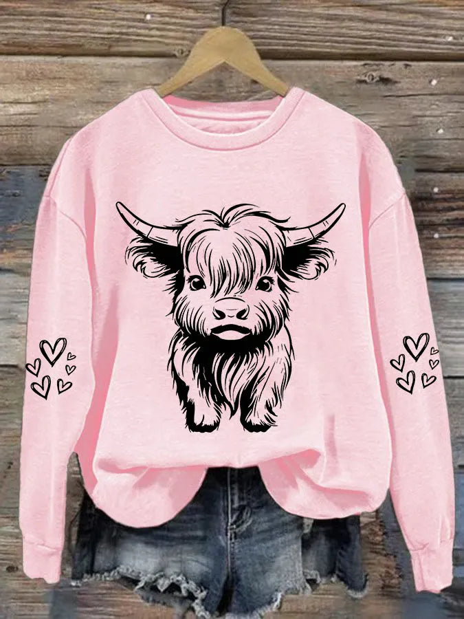 Women's Cute Highland Cow Casual Round Neck Hoodie