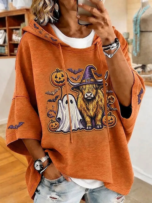 Ladies' Highland Bull Halloween Witch Bat Pattern Style Hoodie