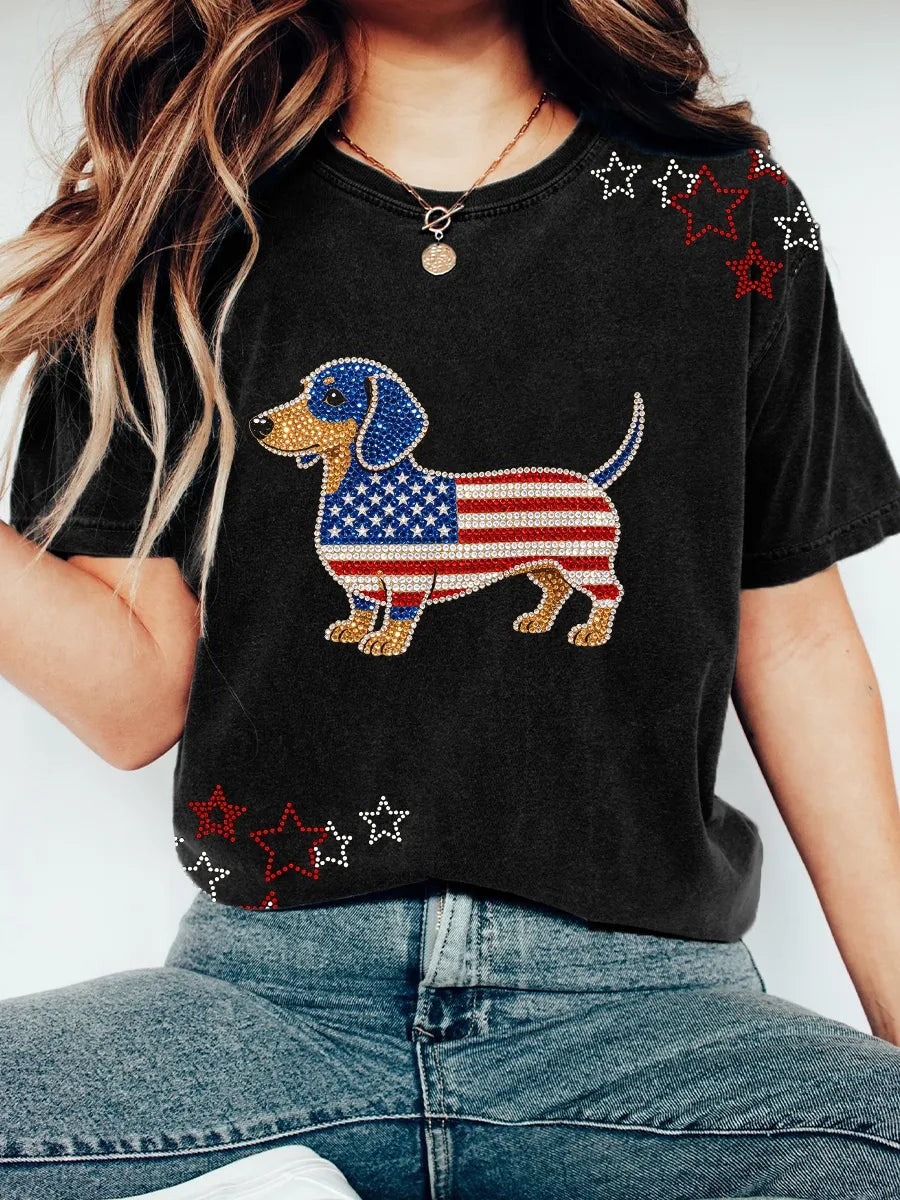 Women's Lovely Dachshund Rhinestone Pattern T-Shirt